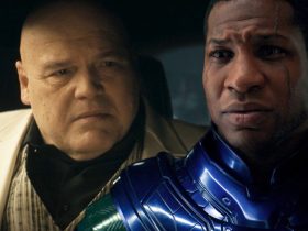 A plit image of Kang from Quantumania and Kingpin from Echo