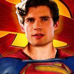 Montage of David Corenswet as Superman with the Superman shield behind him.