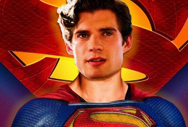 Montage of David Corenswet as Superman with the Superman shield behind him.